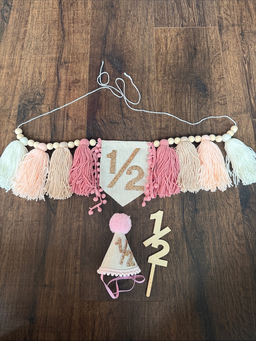 Half Birthday Tassel Banner and Party Hat Set - Pink